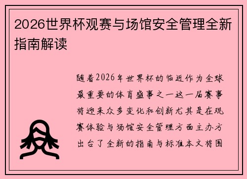 2026世界杯观赛与场馆安全管理全新指南解读 2026世界杯观赛与场馆安全管理全新指南解读